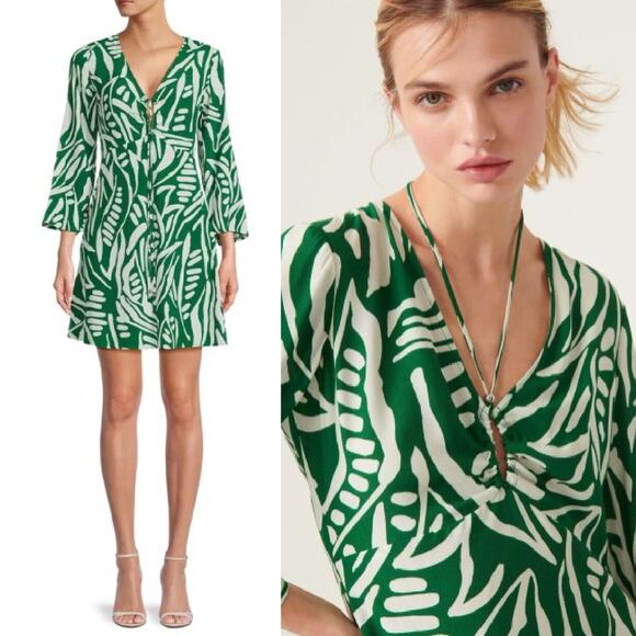 BA&SH Thesee Abstract Print V Neck Mini Dress Small Green White - Picture 1 of 14